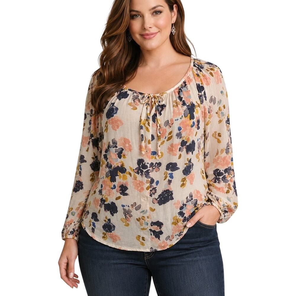 Lucky Brand Floral Top Womens Size 3X Ivory Watercolor Boho Peasant Popover